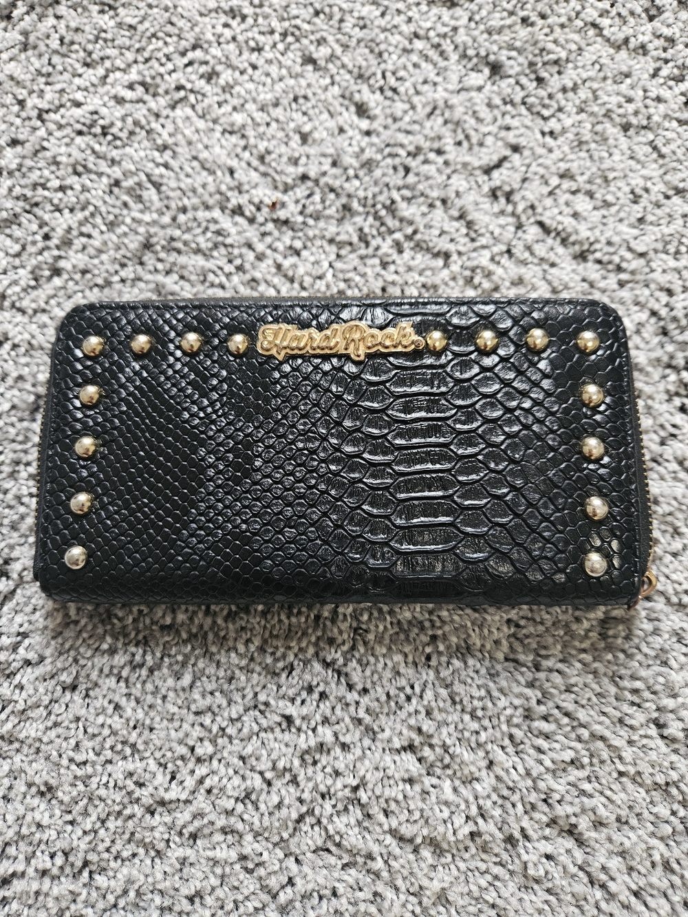 Hard Rock Cafe Black Snake-Embossed Zip Around Wallet with Gold Studs